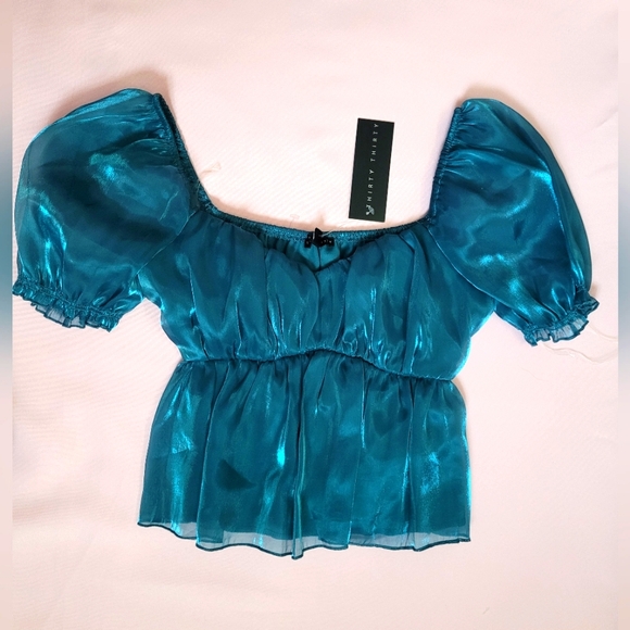 Shiny Blue Puff Sleeve Top - Picture 1 of 14